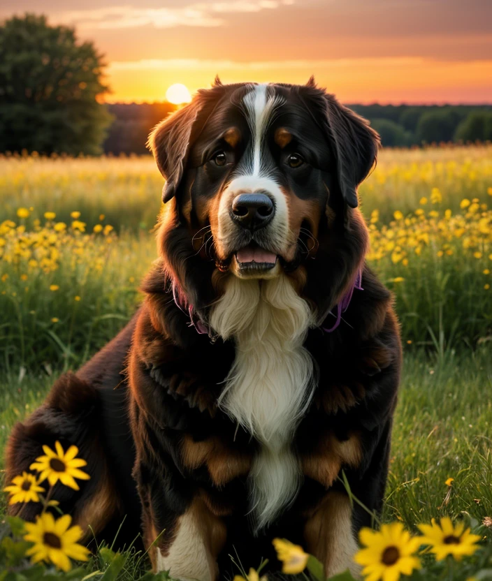 <b0d3b3>, spectacular light, upper body, Leaves, sunset, Colorful flowers, close portrait photo, Twilight, Green meadow, Ultra-HD-details, fireflies