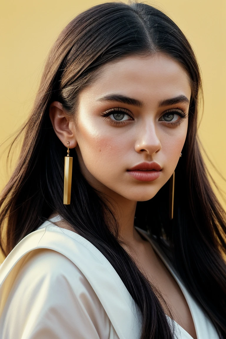 photo of (k1m1ya-135:0.99), a beautiful woman, perfect hair, (modern photo, Pastel Pink nontraditional miko), 24mm, (analog, cinematic, film grain:1.3), ((plain Summer Yellow background:1.2)), detailed eyes, (seductive pose), (epicPhoto), (looking at viewer), jewelry, (cinematic shot:1.3), PA7_Portrait-MCU