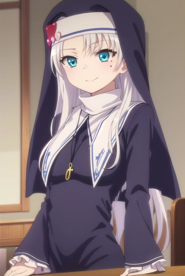 katetakayama, <lora:kate takayama s2-lora-nochekaiser:1>,
kate takayama, long hair, white hair, mole, aqua eyes, mole under eye, smile,
BREAK long sleeves, dress, jewelry, necklace, black dress, cross, nun, habit, cross necklace,
BREAK indoors, classroom,
BREAK looking at viewer, (cowboy shot:1.5),
BREAK <lyco:GoodHands-beta2:1>, (masterpiece:1.2), best quality, high resolution, unity 8k wallpaper, (illustration:0.8), (beautiful detailed eyes:1.6), extremely detailed face, perfect lighting, extremely detailed CG, (perfect hands, perfect anatomy),