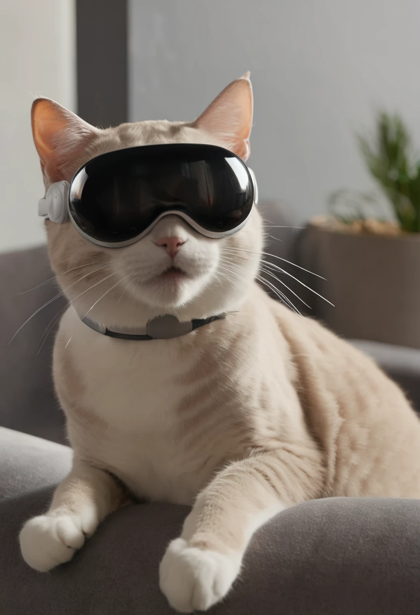 a cat wearing vsnz headset  <lora:AppleVisionProDoguXL_vsnz:1>