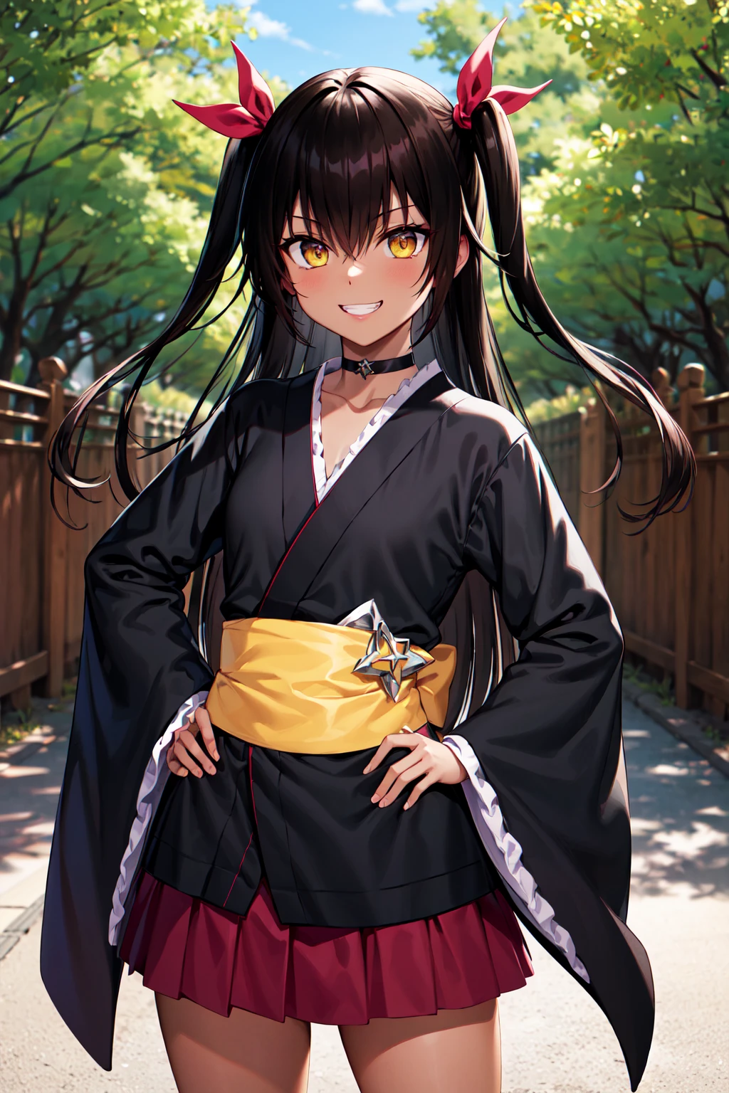 masterpiece, best quality, highres, aanemesis, long hair, black hair, two side up, hair ribbon, tan,. dark skin, black choker, frills, japanese clothes, (black kimono:1.2), obi, purple skirt, <lora:nemesis_v1:0.7>, hand on hip, standing, grin, outdoors, cowboy shot,