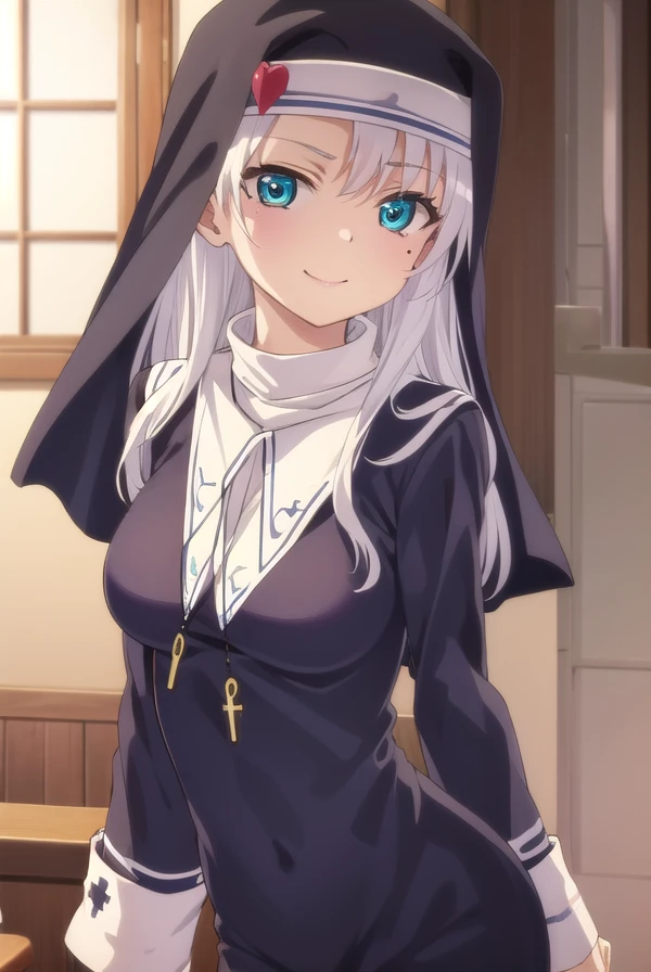 katetakayama, <lora:kate takayama s2-lora-nochekaiser:1>,
kate takayama, long hair, white hair, mole, aqua eyes, mole under eye, smile,
BREAK long sleeves, dress, jewelry, necklace, black dress, cross, nun, habit, cross necklace,
BREAK indoors, classroom,
BREAK looking at viewer, (cowboy shot:1.5),
BREAK <lyco:GoodHands-beta2:1>, (masterpiece:1.2), best quality, high resolution, unity 8k wallpaper, (illustration:0.8), (beautiful detailed eyes:1.6), extremely detailed face, perfect lighting, extremely detailed CG, (perfect hands, perfect anatomy),
