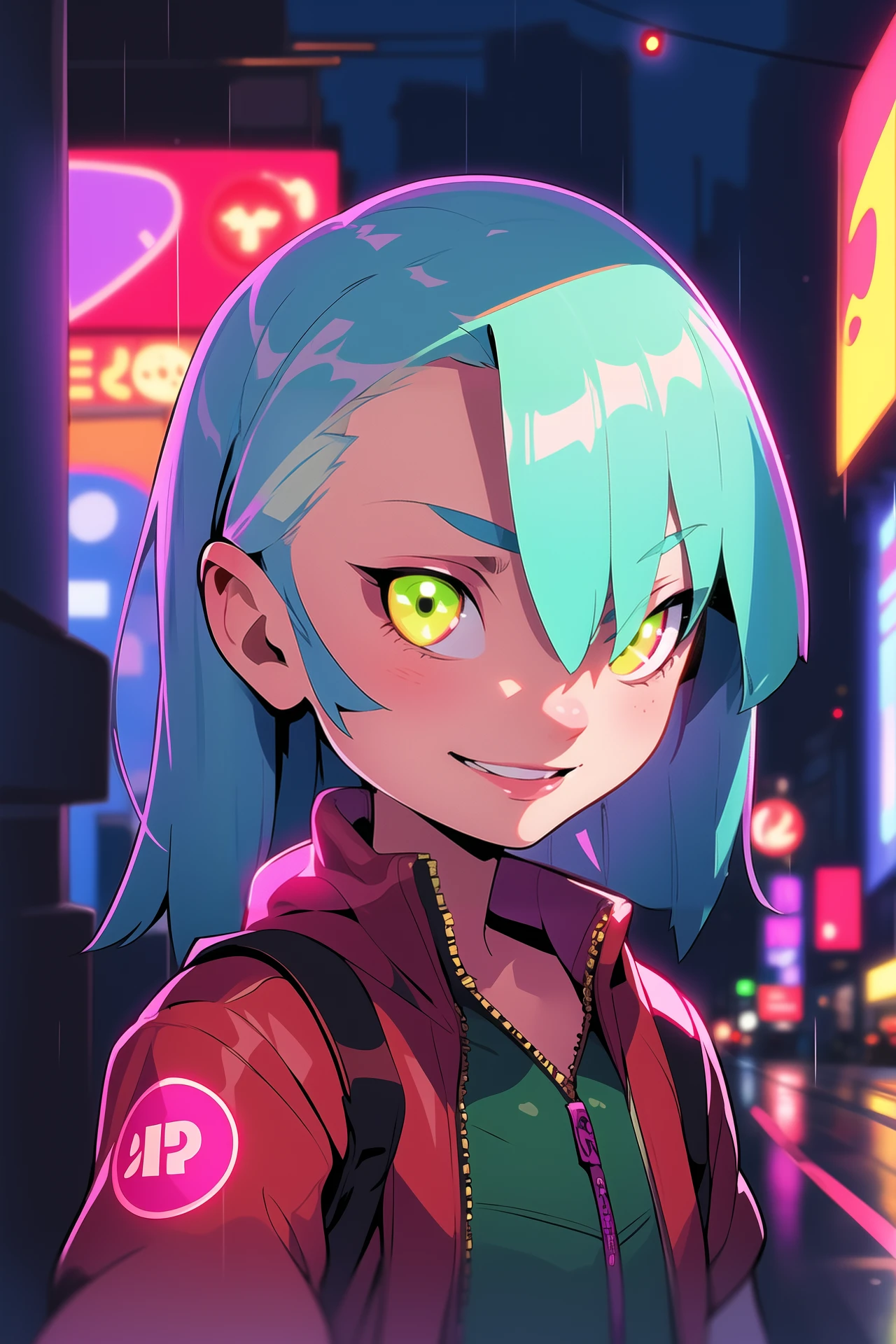 masterpiece, best quality, half body, portrait, night city, 1girl, anime, 3D, Japan, pixar, realistic, girl, smiling, cute face, harajuku fashion style, rain coat, beautiful, colourful, neon lights, cyberpunk, smooth skin, illustration, by stanley artgerm lau, sideways glance, foreshortening, extremely detailed 8K, smooth, high resolution, ultra quality, highly detail eyes, highly detail mouth, highly detailed face, perfect eyes, both eyes are the same, glare, Iridescent, Global illumination, hd, 8k realistic light and shadow, bright Eyes, fluorescent eyes