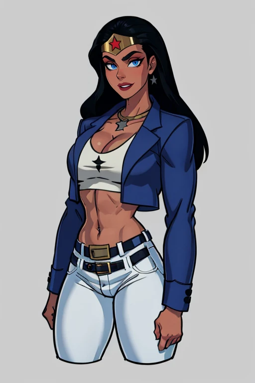 masterpiece,best quality,extreme detail,8k,<lora:wonder:0.8>,wonder2,1girl,solo,long hair,breasts,smile,blue eyes,large breasts,simple background,black hair,navel,cleavage,jewelry,jacket,open clothes,midriff,belt,pants,dark skin,grey background,necklace,star (symbol),open jacket,dark-skinned female,crop top,makeup,tiara,lipstick,blue jacket,clenched hands,cropped legs,black belt,white pants,red lips,