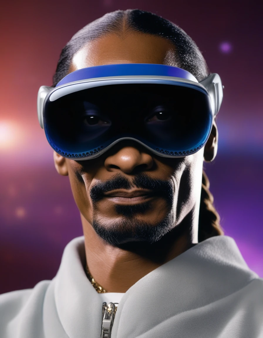 snoop dogg is wearing vsnz headset , galaxy in background, rim light <lora:AppleVisionProDoguXL_vsnz:1>