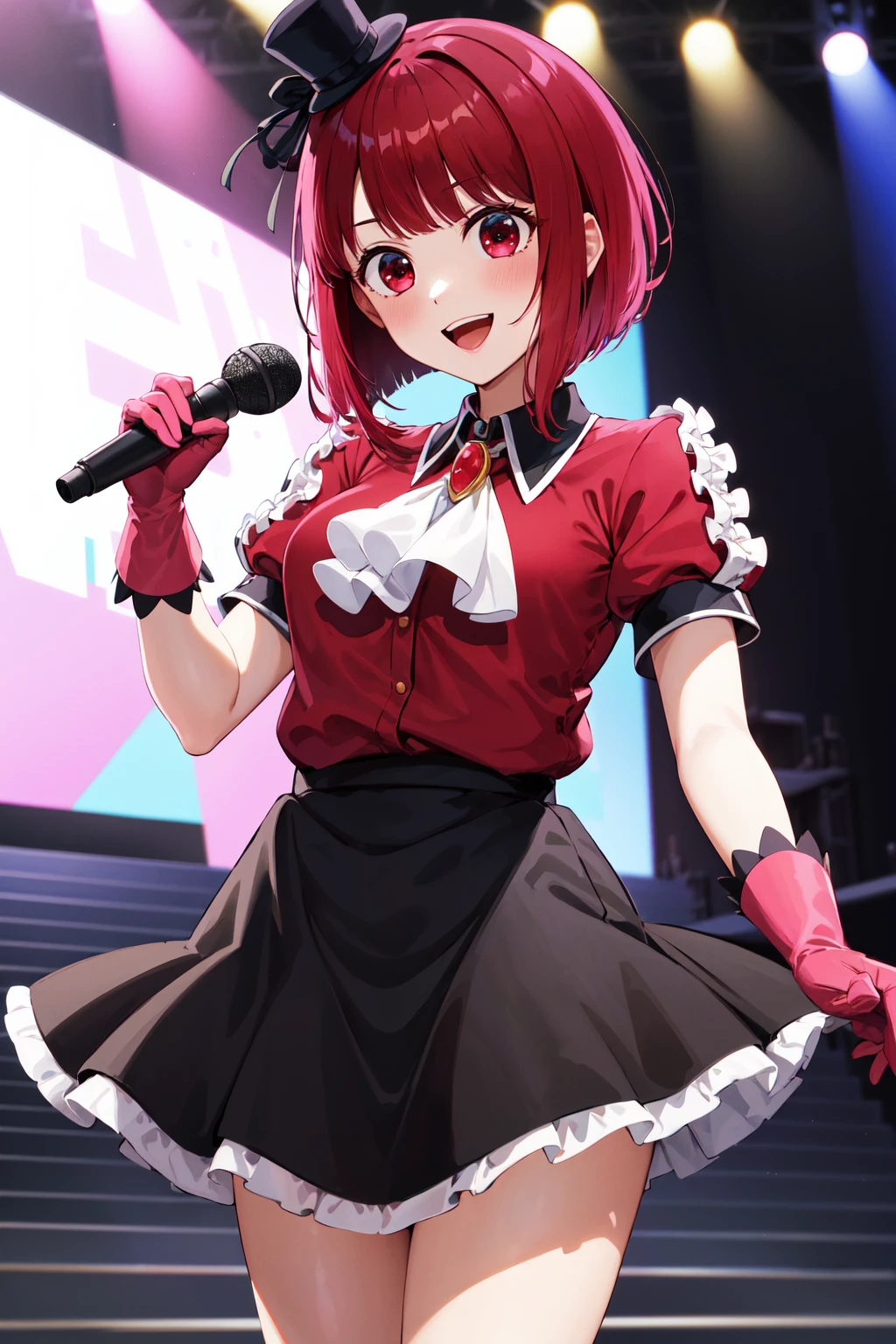 masterpiece, best quality, highres, aakana, short hair, mini hat, head tilt, red eyes, jewelry, brooch, white ascot, frills, red shirt, short sleeves, pink gloves, black skirt, <lora:arima_kana_v1:0.7>, outdoors, standing, holding microphone, stage, smile, open mouth,