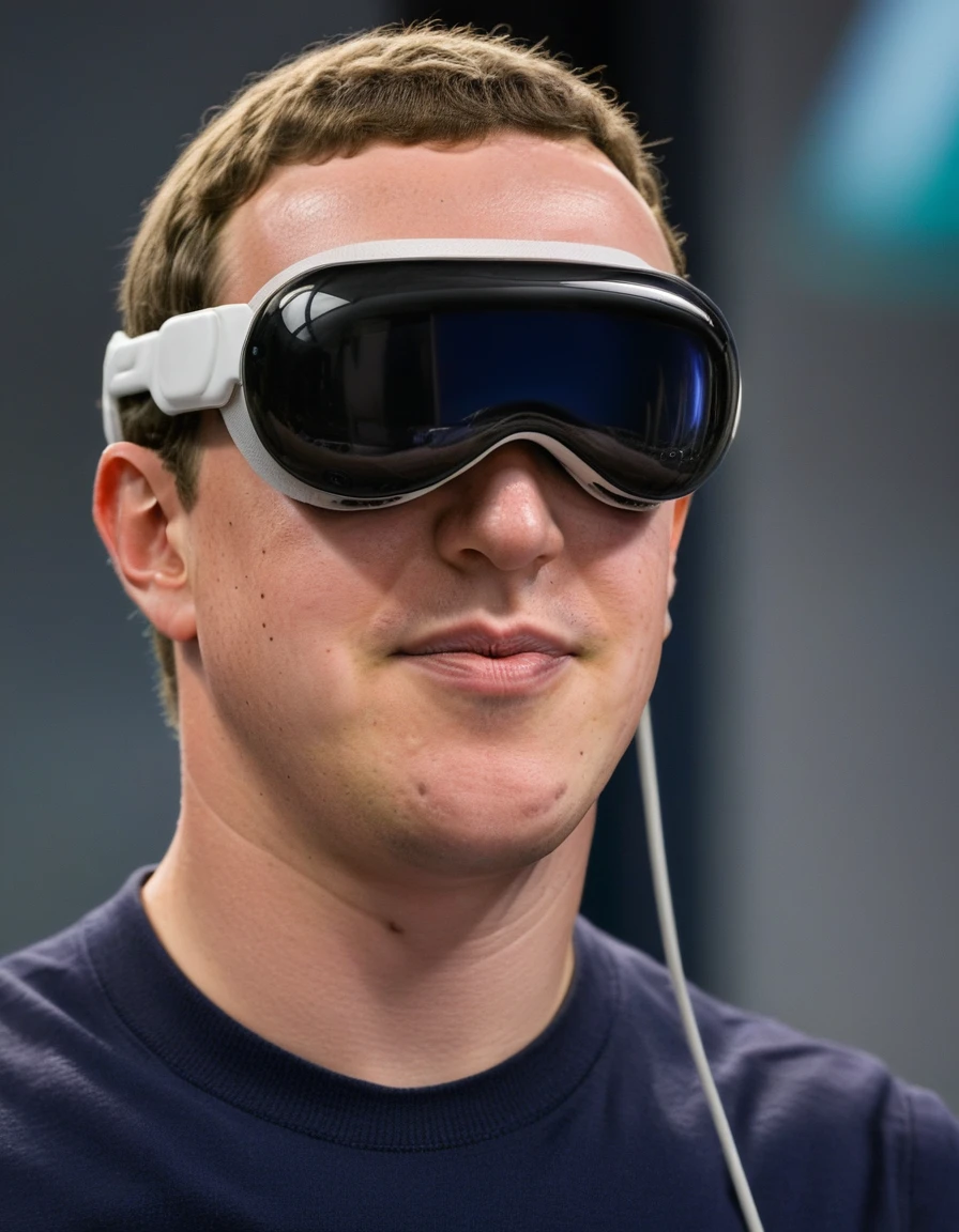 Mark Zuckerberg is wearing vsnz headset , portrait photo <lora:AppleVisionProDoguXL_vsnz:1>