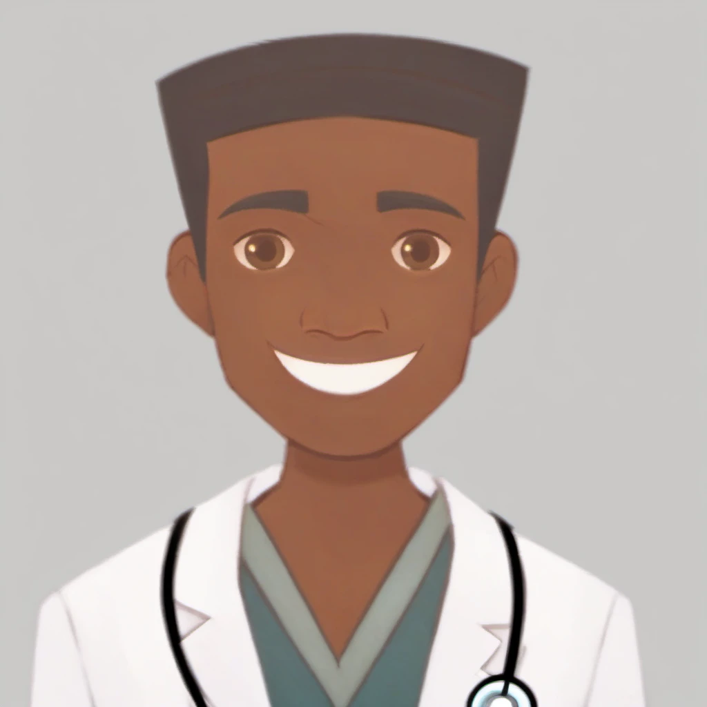 xnfr style, male, old, black hair, black skin, african, brown eyes, doctor, smiling, white background, big eyes, wide jaw