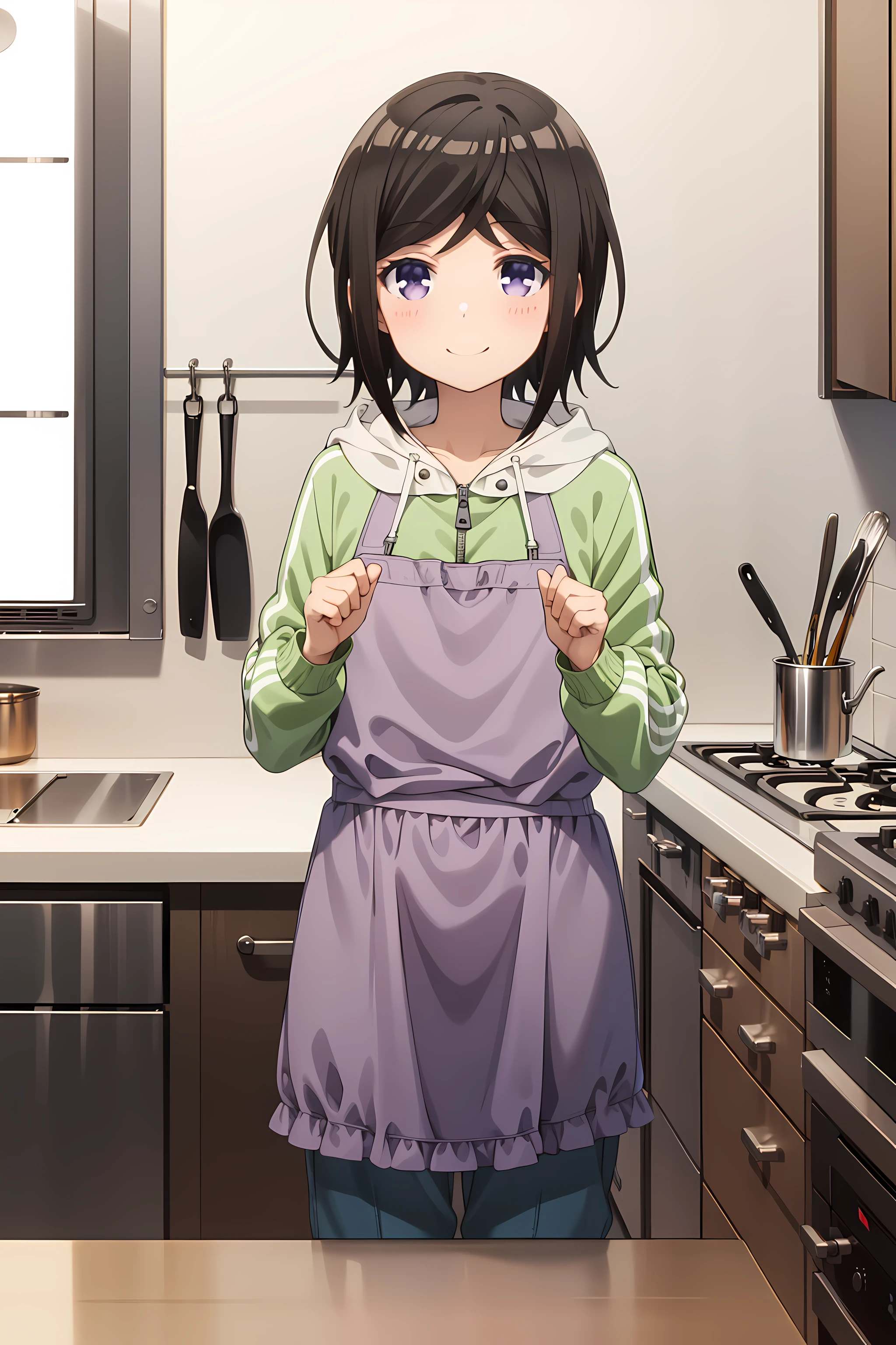 best quality, masterpiece, detailed,
<lora:ImoutoSaeIrebaIi_HashimaChihiro:0.9>, HashimaChihiro,
solo, closed mouth, smile,
short hair, brown hair, purple eyes,
ChihiroCasual, jacket, hood, pants, denim, purple apron,
standing, looking at viewer,
indoors, kitchen, stove