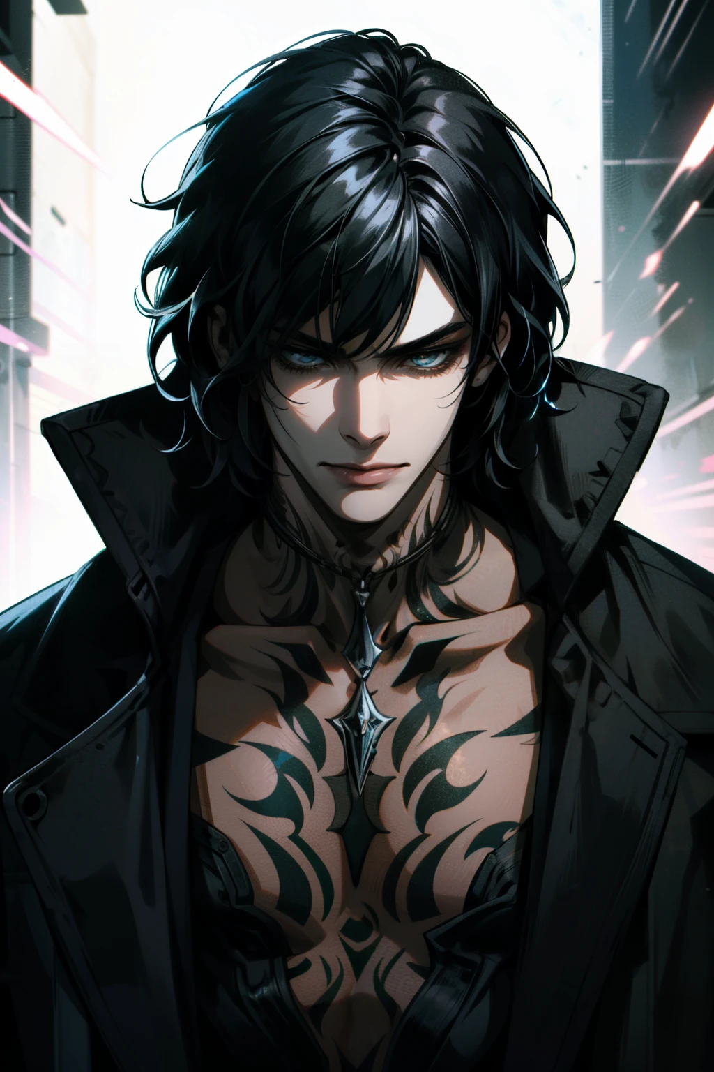 ((ultra detailed, masterpiece, absurdres))
 <lora:DMC5V:0.9>
DMC5V, 1boy, solo, black hair, tattoo, necklace, Street graffiti artist style, vibrant colored lights, crouching pose, spray can in hand, urban edge