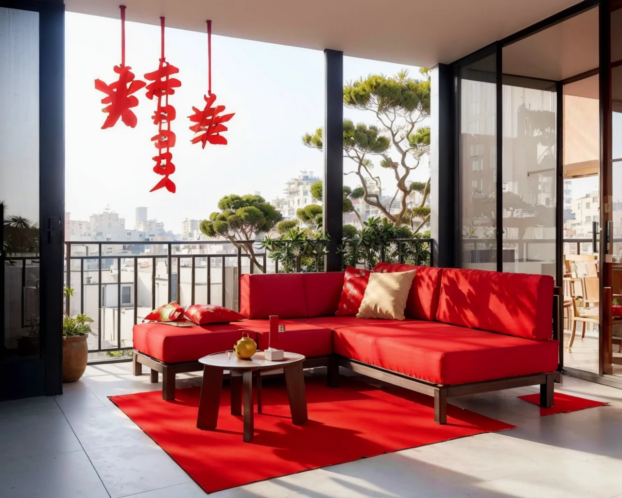 masterpiece,  best quality,  absurdres,  extremely detailed,  illustration,  perfect lighting, 
Modern outdoor balcony design,  whole row of floor-to-ceiling windows,  on the windows,  there is a (small red diamond-shaped paper:1.15) (with the character 'æ¥' written:1.2) (pasted on the windows).,  chun lian,  photorealistic,  Outdoor_Couch, outdoor, couch, balcony, chun lian, photorealistic,<lora:EMS-261223-EMS:1.000000>,<lora:EMS-251878-EMS:0.600000>