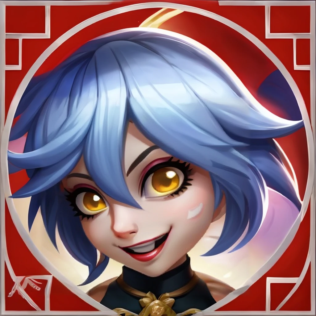 HEZI,LOL style,Summoner Avatar,Game avatar,Western cartoon game style,teeth,solo,sharp teeth,smile,pointy ears,pink hair,1girl,looking at viewer,white eyes,long hair,1boy,open mouth,hair between eyes,fangs,male focus,white hair,pale skin,portrait,colored skin,curly hair,blue eyes,makeup,grin,medium hair,pink eyes,eyelashes,horns,crazy eyes,upper body,grey hair,grey eyes,crazy smile,white skin,evil smile,multicolored hair,red background,bangs,grey skin,<lora:å¬å¤å¸å¤´å:0.75>,