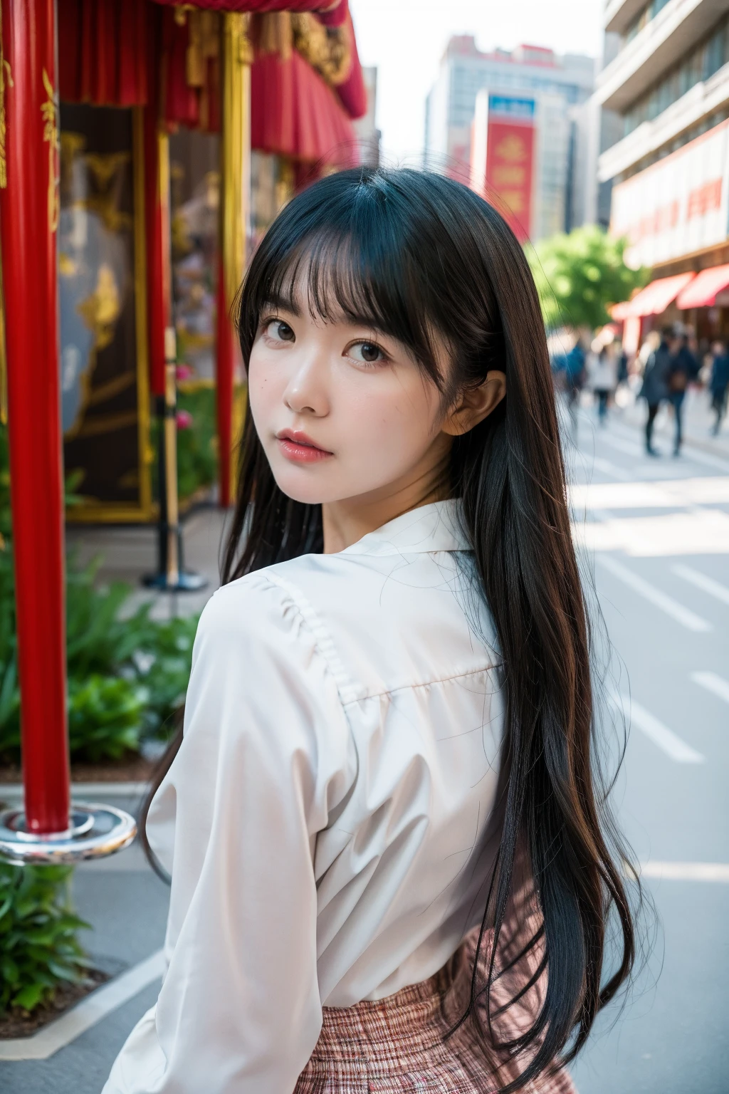 1girl,upper body,looking at viewer, standing,princess tutu, princess,palace, brown hair, long hair,cityscape, beijing,masterpiece,best quality,highres, photorealistic,