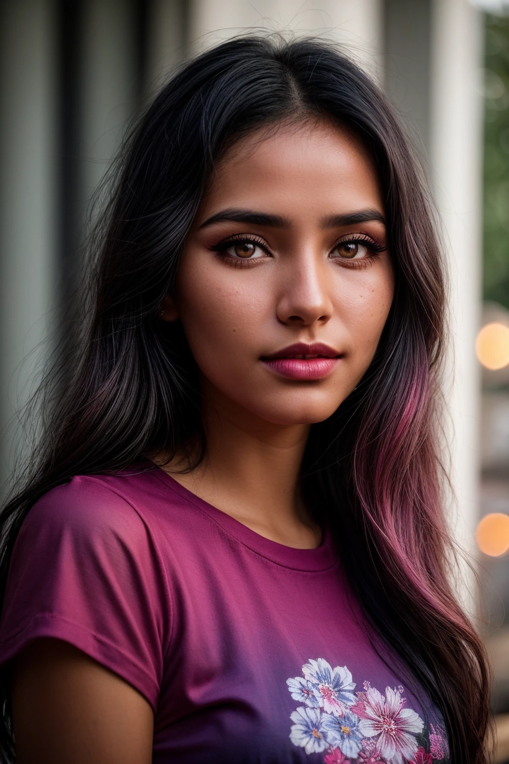 photo of (EPM4cWh4l3:0.99), closeup portrait, perfect hair, (modern photo, T-Shirt Design: Floral Delight), 24mm, (analog, cinematic, film grain:1.3), (([porch/veranda, picture frames,candles,cooking utensils (spatula, ladle, etc.),shower curtain, tapestry with cut and drawn work tapestry,exposed aggregate concrete, ethanol or bioethanol fireplace,kerosene lamps, neon lights| fantasy land], gradient:1.1)), ((detailed eyes)), ((eyeliner, long lashes)), (epicPhoto), long eyelashes, (perfect waist), (pink painted lips)