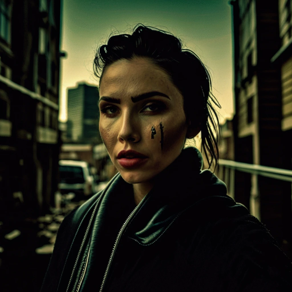 <lora:LCM_LoRA_Weights_SD15:1>,masterpiece,best quality,a photo of j3ss1ka,dressed as a post apocaplyptic survivor,portrait,OverallDetail,<lora:00_Jessika_Green_v2:0.8>,post apocalyptic city background,facing the viewer,
