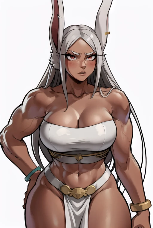 masterpiece,best quality,extreme detail,8k,<lora:mirko-12:0.8>, mirko2,1girl,solo,long hair,breasts,looking at viewer,blush,bangs,large breasts,simple background,red eyes,white background,navel,animal ears,cleavage,bare shoulders,jewelry,very long hair,collarbone,white hair,grey hair,thighs,cowboy shot,artist name,dark skin,rabbit ears,bracelet,dark-skinned female,hand on hip,parted bangs,cosplay,strapless,muscular,thick thighs,abs,pelvic curtain,sarashi,rabbit girl,muscular female,bandeau,tube top,loincloth,long eyelashes,