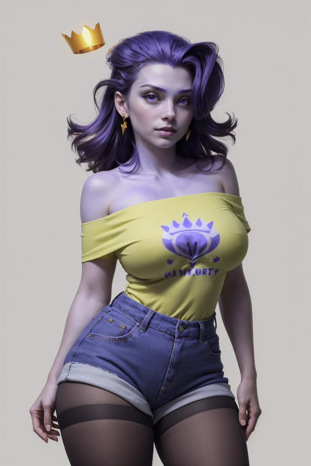 (masterpiece, best quality:1.2), <lora:brandylynn:1>, brandylynn, 1girl, solo, (purple skin:1.3), jewelry, crown, shorts, shirt, bare shoulders, pantyhose, hair over one eye, off shoulder, simple background, white background, looking at viewer, large breasts,