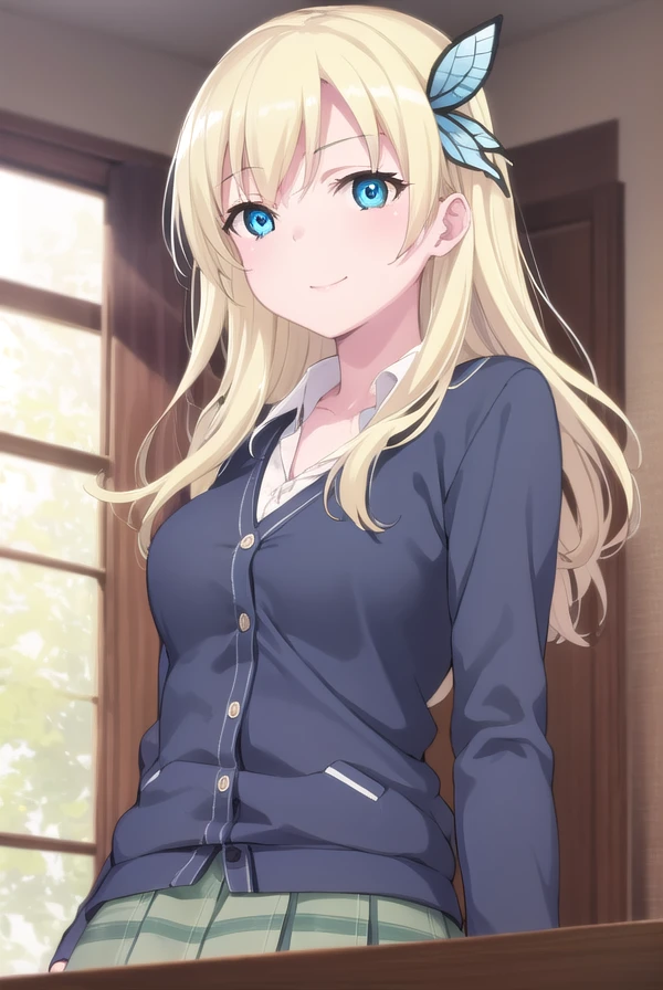 senakashiwazaki, <lora:sena kashiwazaki s2-lora-nochekaiser:1>,
sena kashiwazaki, long hair, blonde hair, hair ornament, aqua eyes, butterfly hair ornament, lips, smile,
BREAK school uniform, cardigan, st. chronica academy school uniform, skirt, green skirt, pleated skirt,
BREAK indoors, classroom,
BREAK looking at viewer, (cowboy shot:1.5),
BREAK <lyco:GoodHands-beta2:1>, (masterpiece:1.2), best quality, high resolution, unity 8k wallpaper, (illustration:0.8), (beautiful detailed eyes:1.6), extremely detailed face, perfect lighting, extremely detailed CG, (perfect hands, perfect anatomy),