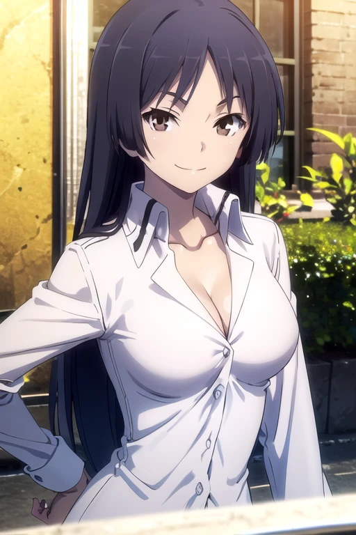 (((pixel-perfect, detail-perfect))), solo, 1girl, <lora:akio-trinityseven:0.8>, akio fudou, white shirt, cleavage, upper body, looking at viewer, smile