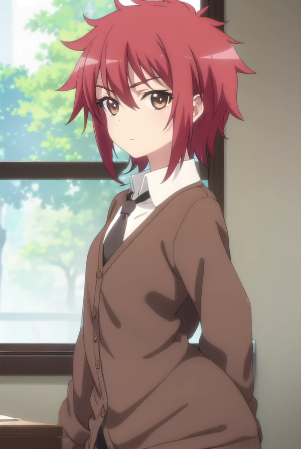 aoiyusa, <lora:aoi yusa s2-lora-nochekaiser:1>,
aoi yusa, short hair, (brown eyes:1.3), red hair,
BREAK school uniform, necktie, shirt, white shirt, collared shirt, cardigan, brown cardigan,
BREAK indoors, classroom,
BREAK looking at viewer, (cowboy shot:1.5),
BREAK <lyco:GoodHands-beta2:1>, (masterpiece:1.2), best quality, high resolution, unity 8k wallpaper, (illustration:0.8), (beautiful detailed eyes:1.6), extremely detailed face, perfect lighting, extremely detailed CG, (perfect hands, perfect anatomy),