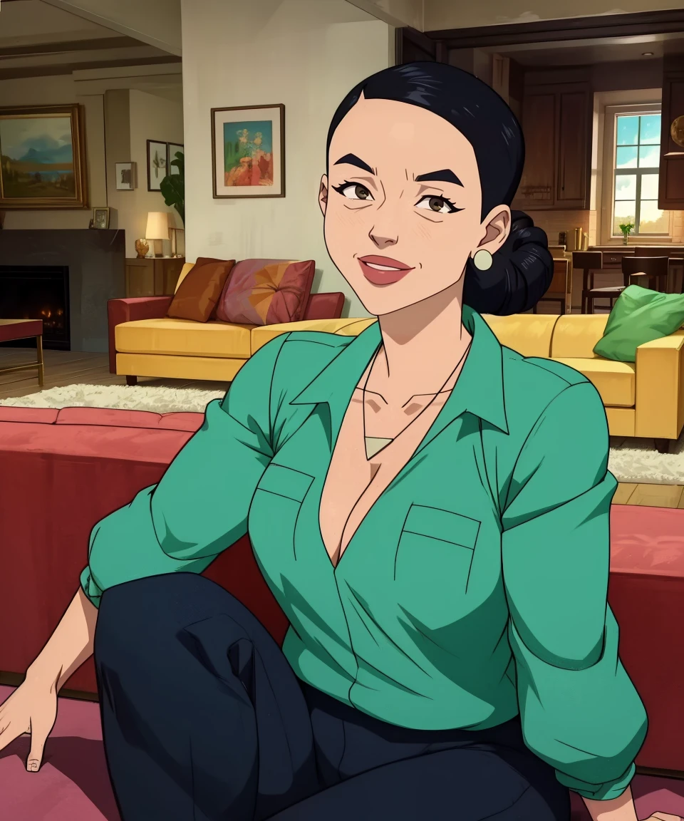 Debbie,broen eyes,hair bun,
green shirt,pants,earrings,smile,necklace,
sitting,couch, cleavage, 
home,indoors,living room,
(insanely detailed,masterpiece, best quality),<lora:Debbie:0.8>,