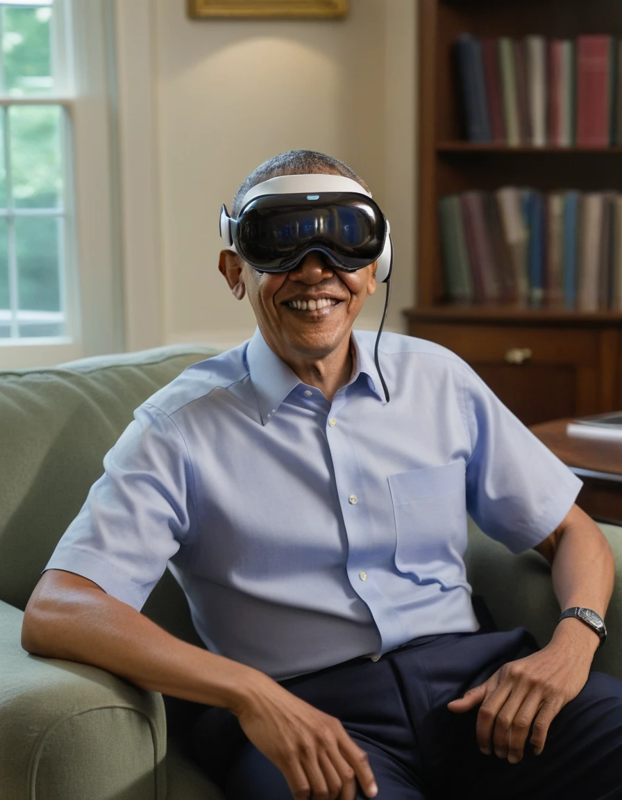 Barack Obama is wearing vsnz headset , portrait photo <lora:AppleVisionProDoguXL_vsnz:1>