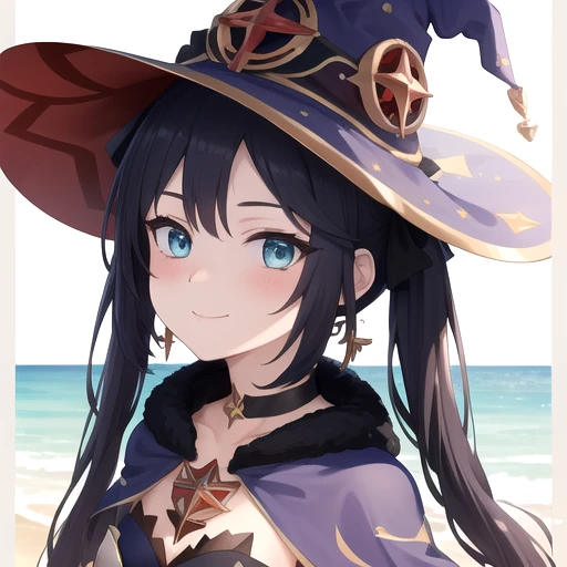 ((masterpiece)),(best quality),official art,extremely detailed CG,unity 8k wallpaper,ultra detailed,A lighthouse on a cliff by the sea,1girl,solo,upper body,(portrait:1.2),looking at viewer,smile,witch_hat,twintails,jewelry,cape,long_hair,black_hair,black_gloves,medium_breasts,black_pantyhose,black_choker,aqua_eyes,bangs,bodystocking,hair_ornament,purple_headwear,detached_sleeves,blue_leotard,star_earrings,<lora:Mona(gen)>,