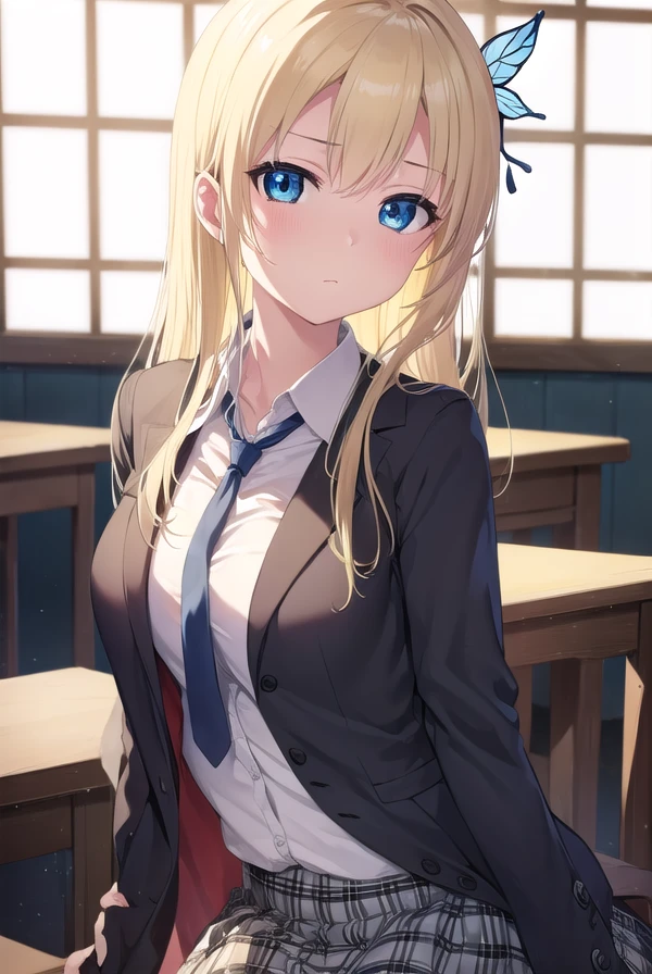 masterpiece, highest quality, High resolution, SA1, blonde hair,  uniform, white shirt, skirt, チェック柄skirt, open shirt, bra is very,