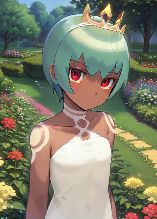 masterpiece, best quality, extremely delicate and beautiful, highres, original, <lora:Sera:0.8>, MSera, short hair, green hair, red eyes, dark skin, white tattoo on shoulders, white dress, princess, princess dress, ((royal dress)), tiara, upper body, serious, garden, colorful garden, castle, looking at viewer,