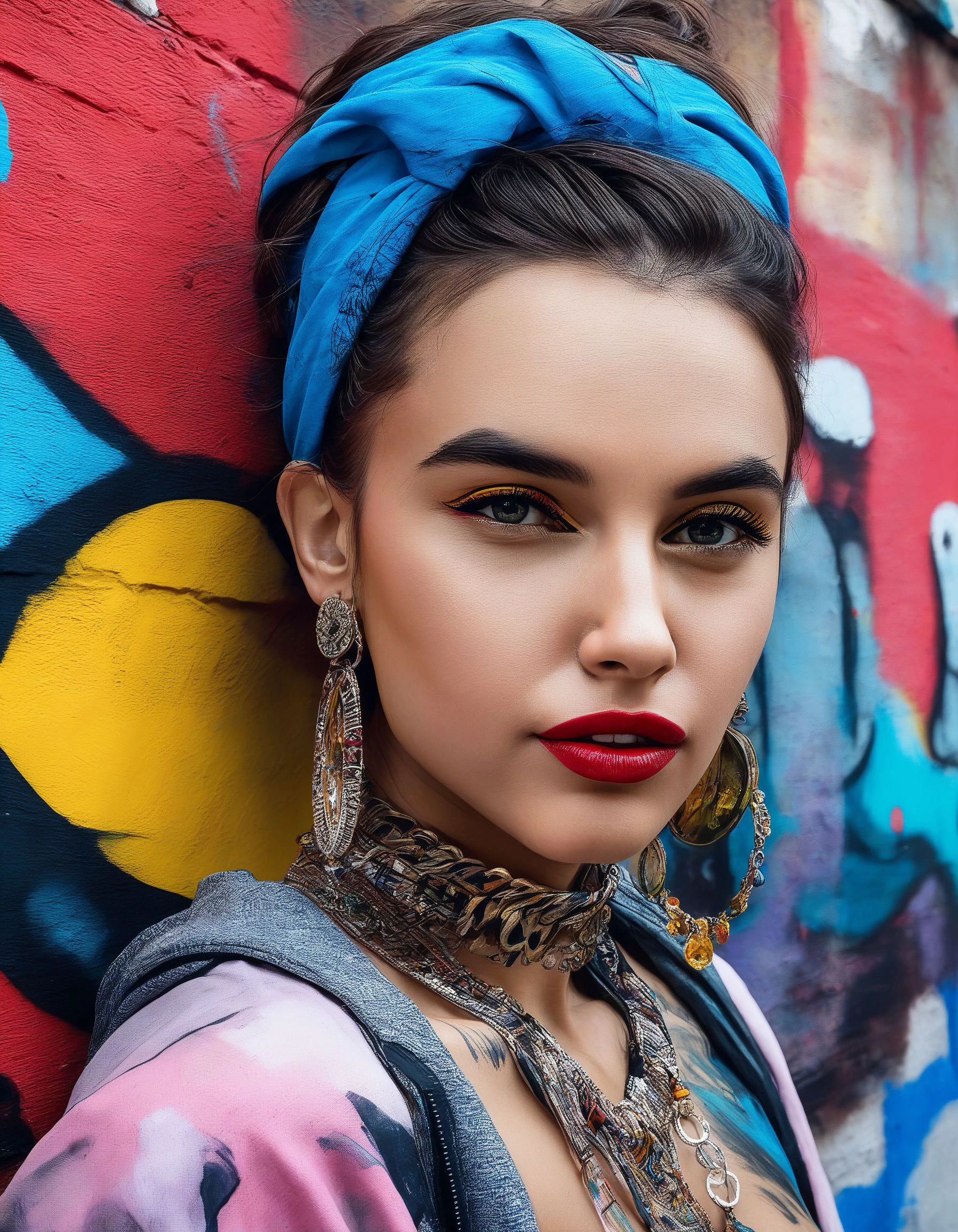 Painting, Close-up, Urban street style, GloriaSolSDXL gazing directly at the viewer with bold confidence, adorned in trendy and colorful street fashion, set against a vibrant backdrop of graffiti-covered walls  <lora:GloriaSolSDXL:1>