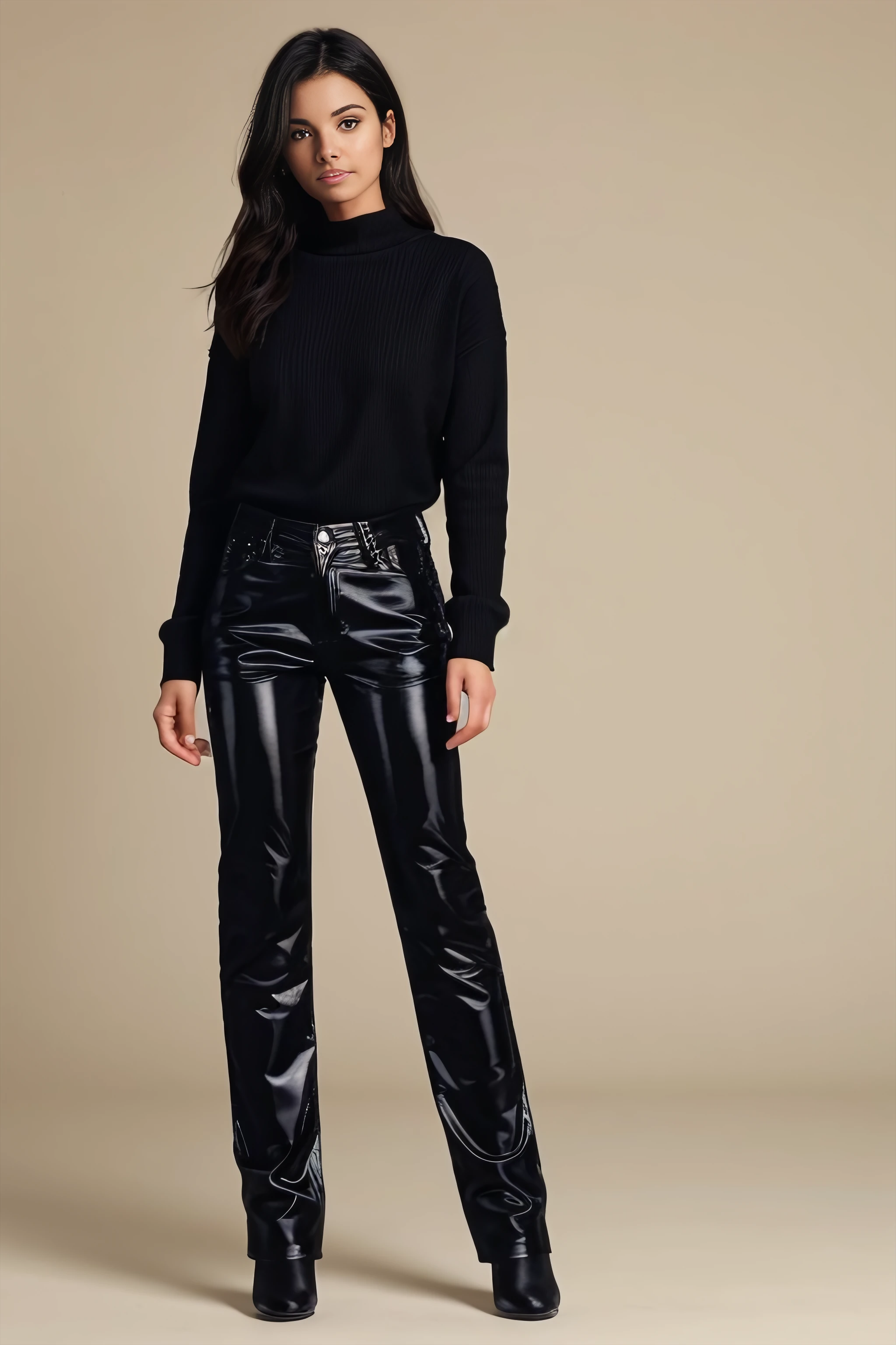 full body photo of solo woman wearing shiny black vnylpvc jeans and black sweater, <lora:vnylpvc-03:0.7>, (Style-DA:1.2), Style-EMCG