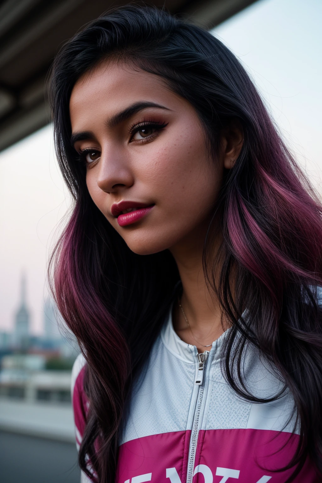 photo of (EPM4cWh4l3:0.99), closeup portrait, perfect hair, (modern photo, Cycling bib shorts and performance jersey), 24mm, (analog, cinematic, film grain:1.3), (([mosques, cob, glow-in-the-dark insects, pathway lighting| rooftop, tokyo \(city\), building, skyscraper], gradient:1.1)), ((detailed eyes)), ((eyeliner, long lashes)), (epicPhoto), long eyelashes, (perfect waist), (pink painted lips)