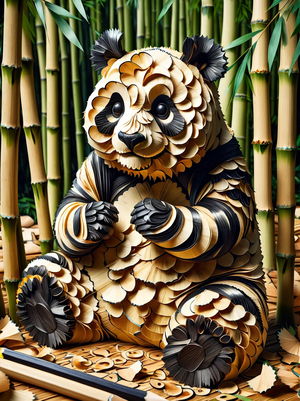 A ais-pencilshavings panda, sat amongst bamboo, dynamic, cinematic, masterpiece, intricate, hdr. <lora:Pencil_Shavings_Style_SDXL:1>