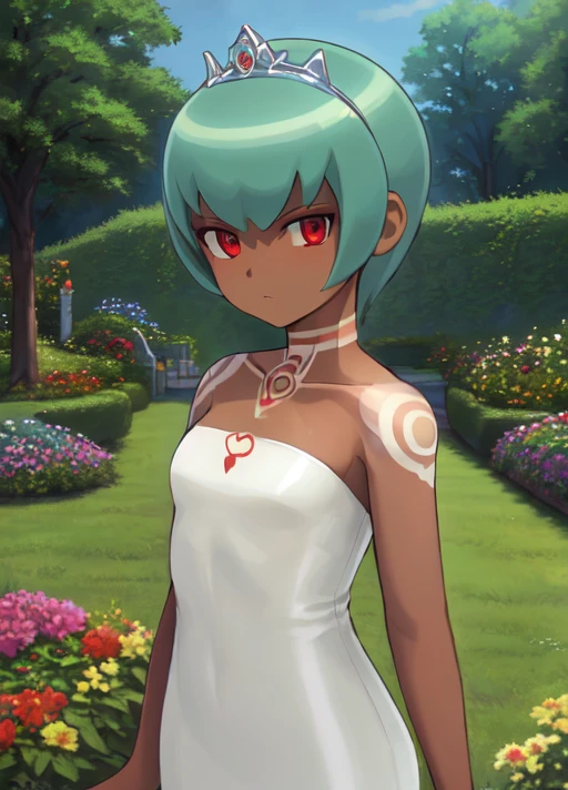 masterpiece, best quality, extremely delicate and beautiful, highres, original, <lora:Sera:0.8>, MSera, short hair, green hair, red eyes, dark skin, white tattoo on shoulders, white dress, princess, princess dress, royal dress, tiara, upper body, serious, garden, colorful garden, castle, looking at viewer,