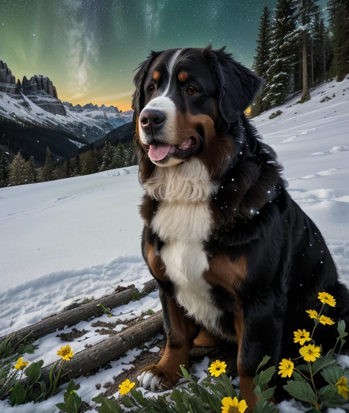 <b0d3b3>, spectacular light, upper body, Leaves, Colorful flowers, Twilight, Green meadow, Ultra-HD-details, ((snow)), Dolomites, Stream, close portrait photo, Night, starry sky, Firefly, Warm light, orton effect