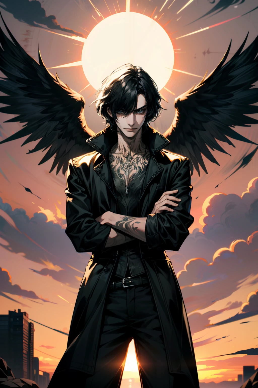 ((ultra detailed, masterpiece, absurdres))
<lora:DMC5V:0.9>
DMC5V, 1boy, solo, black hair, tattoo, necklace, Rockstar guitarist in leather jacket, sexy pose leaning against amplifier, dynamic stage lighting