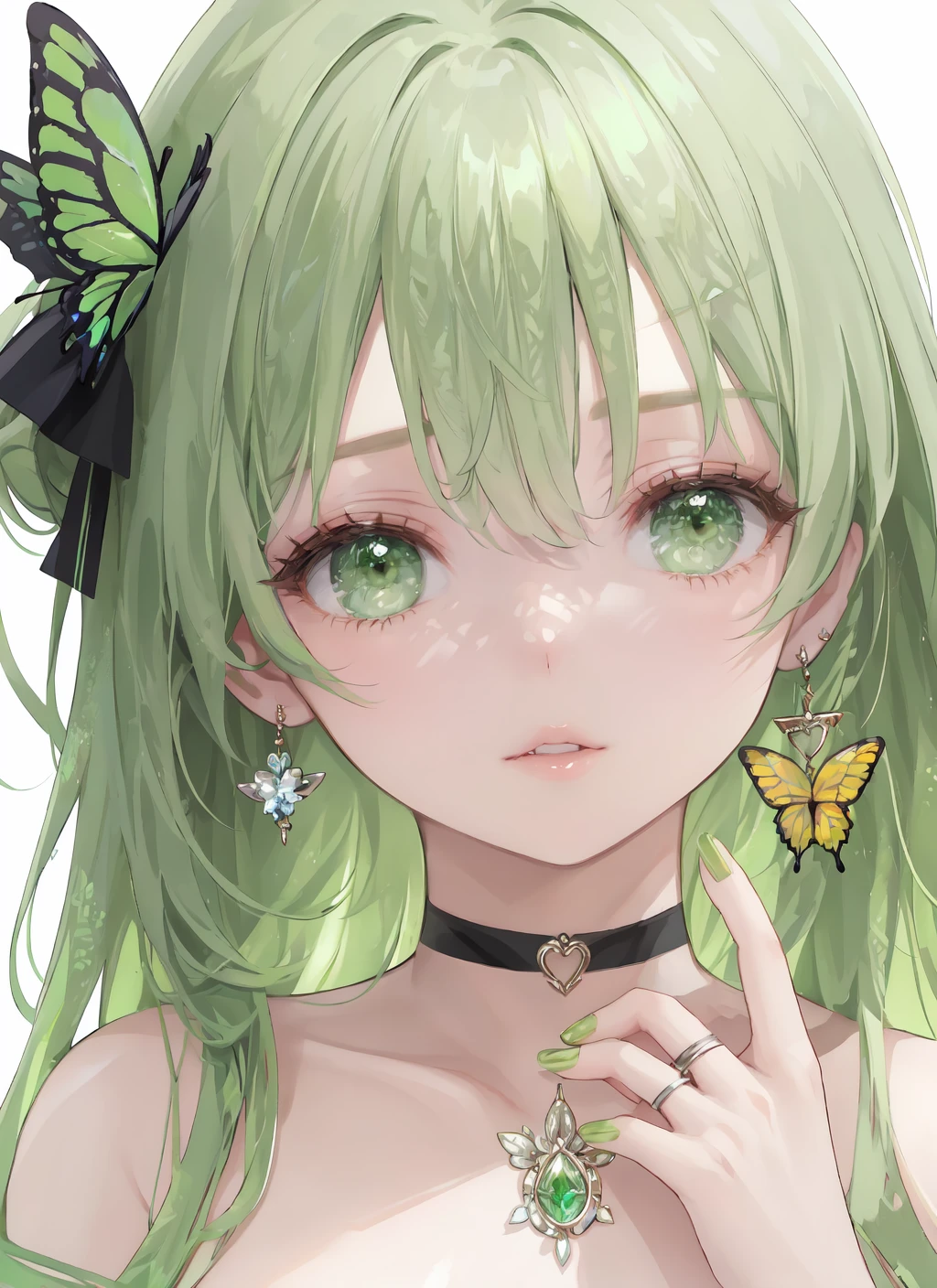 1girl, green nails, solo, jewelry, green eyes, earrings, gem, ring, long hair, green hair, bangs, looking at viewer, green gemstone, eyelashes, nail polish, portrait, choker, hair ornament, bow, nail art, ribbon, hand up, butterfly, lips, bug, parted lips, bare shoulders, close-up, yellow nails, green theme, green ribbon, glint, hy-style, beautiful eyes