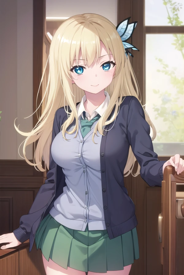 senakashiwazaki, <lora:sena kashiwazaki s2-lora-nochekaiser:1>,
sena kashiwazaki, long hair, blonde hair, hair ornament, aqua eyes, butterfly hair ornament, lips, smile,
BREAK school uniform, cardigan, st. chronica academy school uniform, skirt, green skirt, pleated skirt,
BREAK indoors, classroom,
BREAK looking at viewer, (cowboy shot:1.5),
BREAK <lyco:GoodHands-beta2:1>, (masterpiece:1.2), best quality, high resolution, unity 8k wallpaper, (illustration:0.8), (beautiful detailed eyes:1.6), extremely detailed face, perfect lighting, extremely detailed CG, (perfect hands, perfect anatomy),