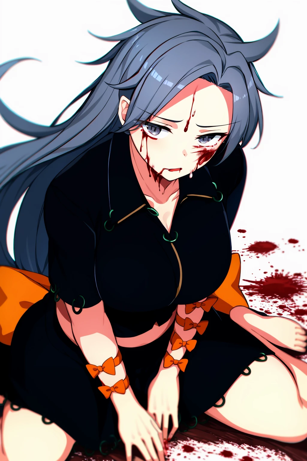 masterpiece, best quality, large breasts, 
<lora:himemushimomoyo:1>,
1girl, solo, long hair, blood, barefoot, grey eyes, shirt, sitting, short sleeves, black shirt, skirt, grey hair, orange bow, bow, white background, wariza, orange ribbon, ribbon, blood on face, simple background, black skirt, full body, blood splatter