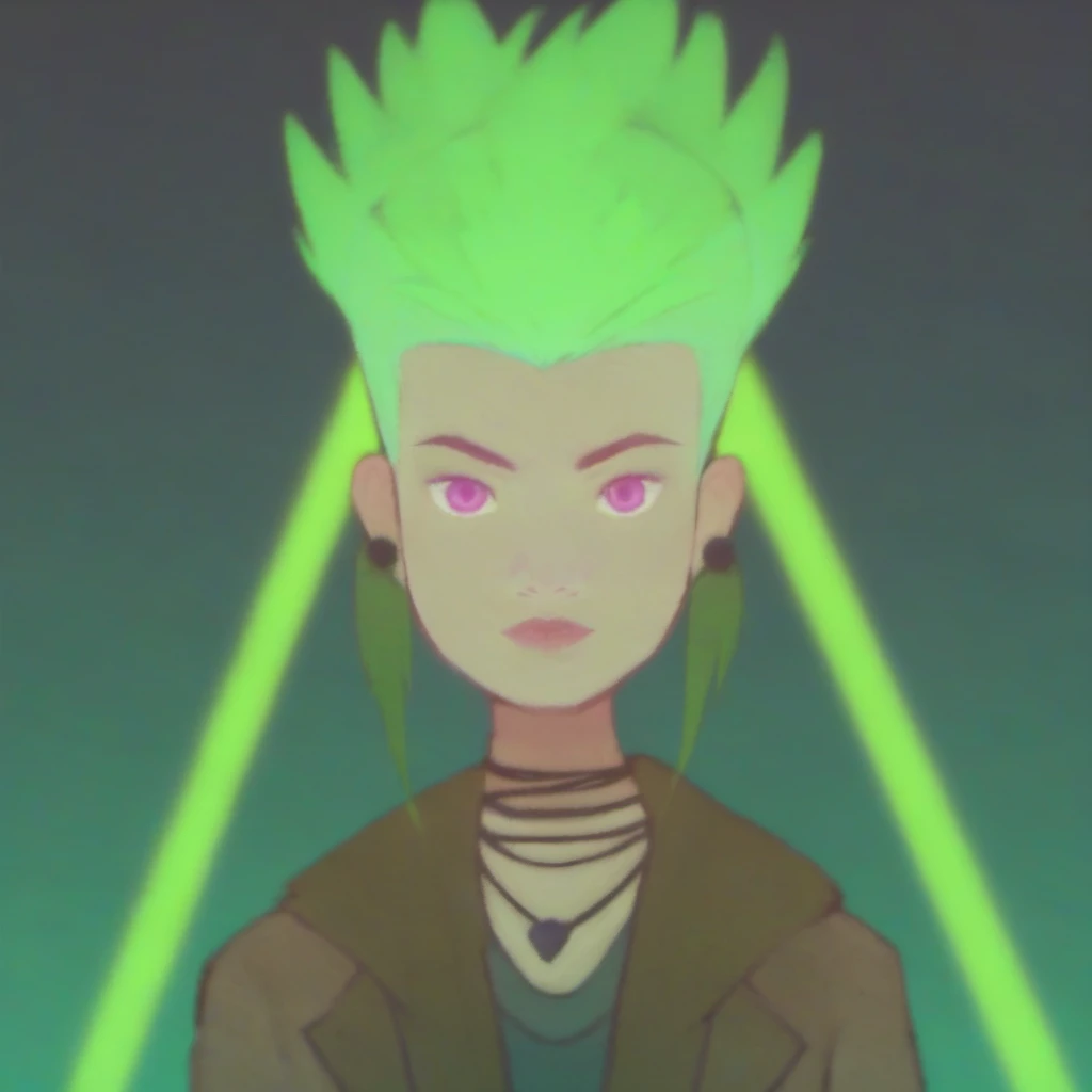 xnfr style, female, asian, green mohawk, scared, neon portal in dark forest background