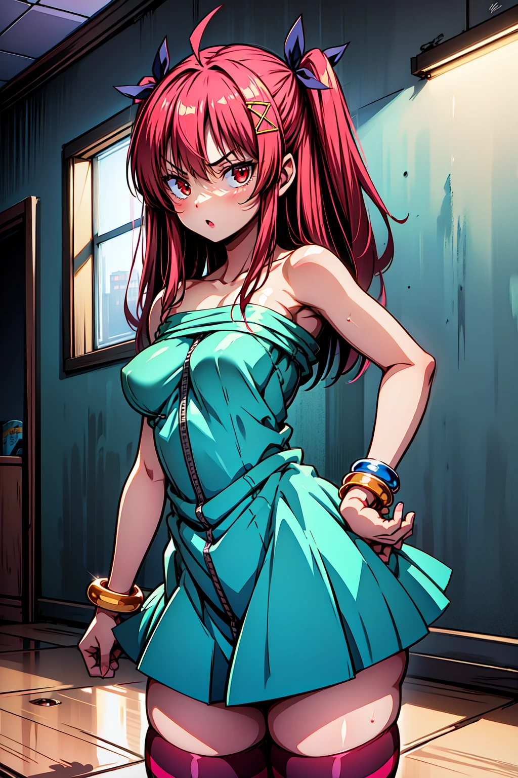 1girl, Abandoned building, peeling wallpaper, broken windows, dusty floors, eerie atmosphere, cowboy shot, angry, looking at viewer, night,
hino_yachika, red eyes, red hair, long hair, two side up, ahoge, hair ribbon, hair ornament, bracelet, strapless dress, striped thighhighs, zettai ryouiki, <lora:hino_yachika_lora_ver1:0.7>, best quality, masterpiece, highres, <lora:GoodHands-vanilla:1>