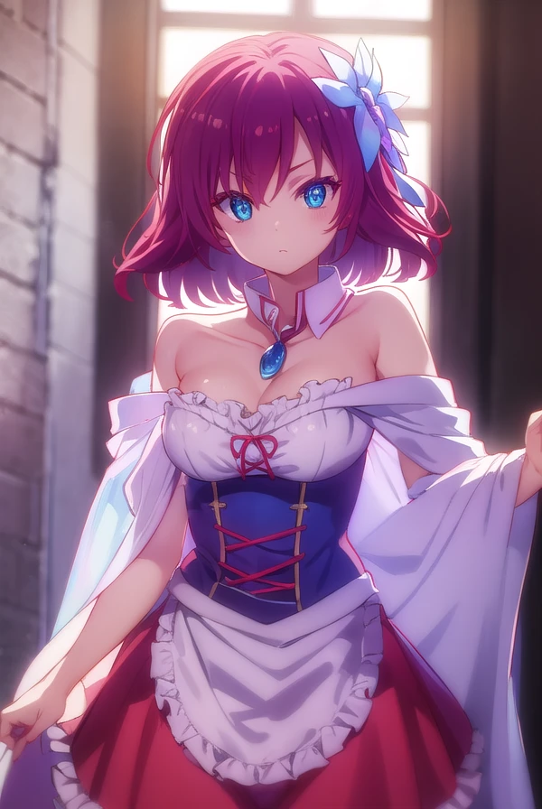 stephaniedola, <lora:stephanie dola s1-lora-nochekaiser:1>,
stephanie dola, blue eyes, hair ornament, flower, red hair, hair flower,
BREAK dress, bow, bare shoulders, cape, red bow, gemstone, apron, skirt, frills, high collar, cleavage,
BREAK indoors,
BREAK looking at viewer, (cowboy shot:1.5),
BREAK <lyco:GoodHands-beta2:1>, (masterpiece:1.2), best quality, high resolution, unity 8k wallpaper, (illustration:0.8), (beautiful detailed eyes:1.6), extremely detailed face, perfect lighting, extremely detailed CG, (perfect hands, perfect anatomy),