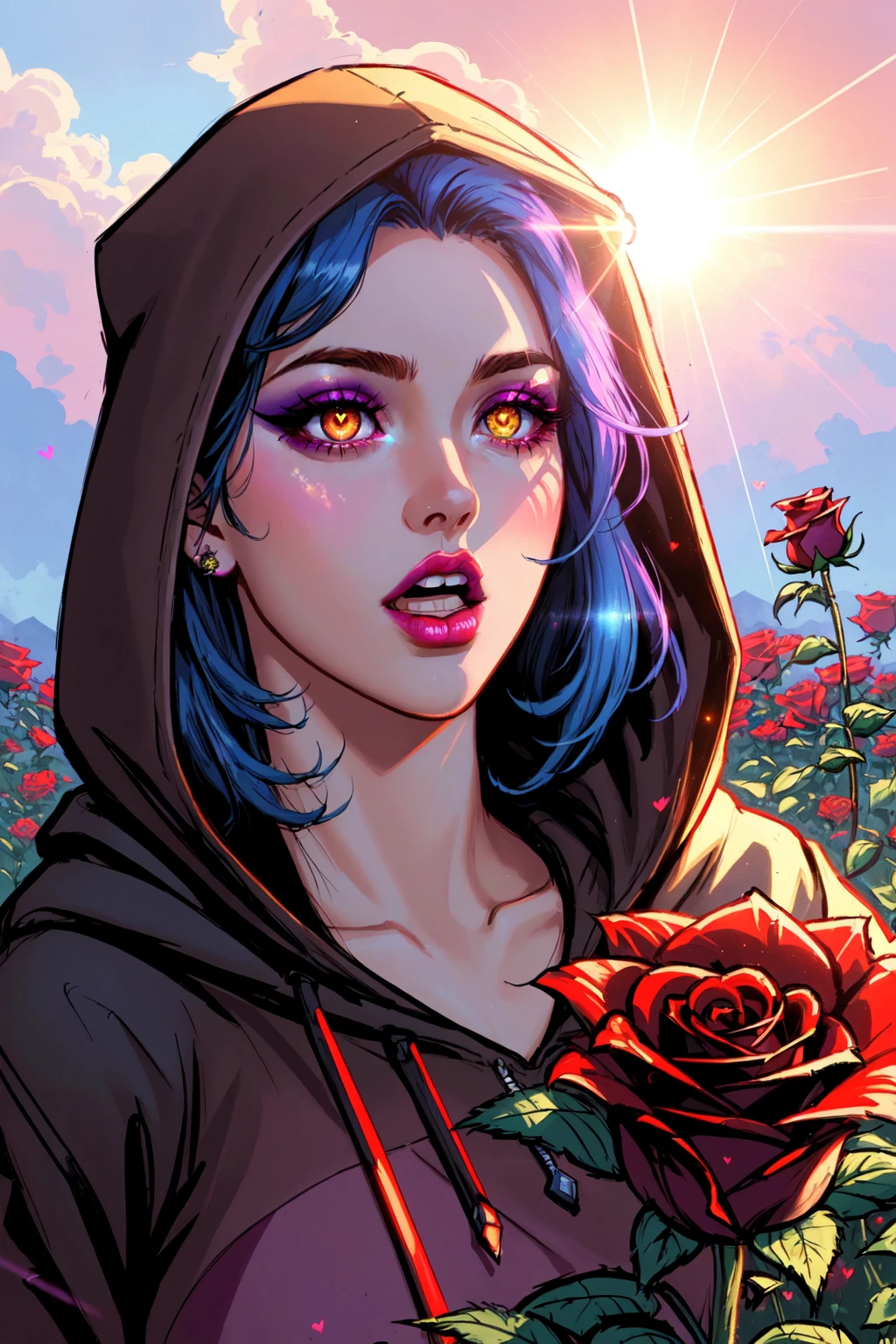 synthwave, vaporwave, synthwave punk, nvinkpunk, (masterpiece, best_quality, ultra-detailed), epic, illustration, render, volumetric lighting, LoFi Aesthetic, (masterpiece, best quality, ultra-detailed, highres), 1girl, blue hair, eyelashes, eyeshadow, fingernails, flower, glowing, heart, hood, hood up, lips, lipstick, long hair, looking at viewer, makeup, red flower, red rose, rose, solo, teeth, open mouth, yellow eyes, (fantasy), (lens flare, light leak, prismastic), Unreal Engine 5, (side-lighting), rule of thirds, 4 point perspective, vantage point, realistic