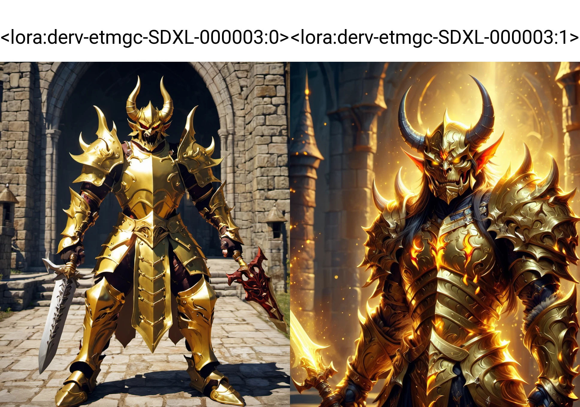 Demon Warrior, Golden Armor, Castle, derv-etmgc <lora:derv-etmgc-SDXL-000003:0>