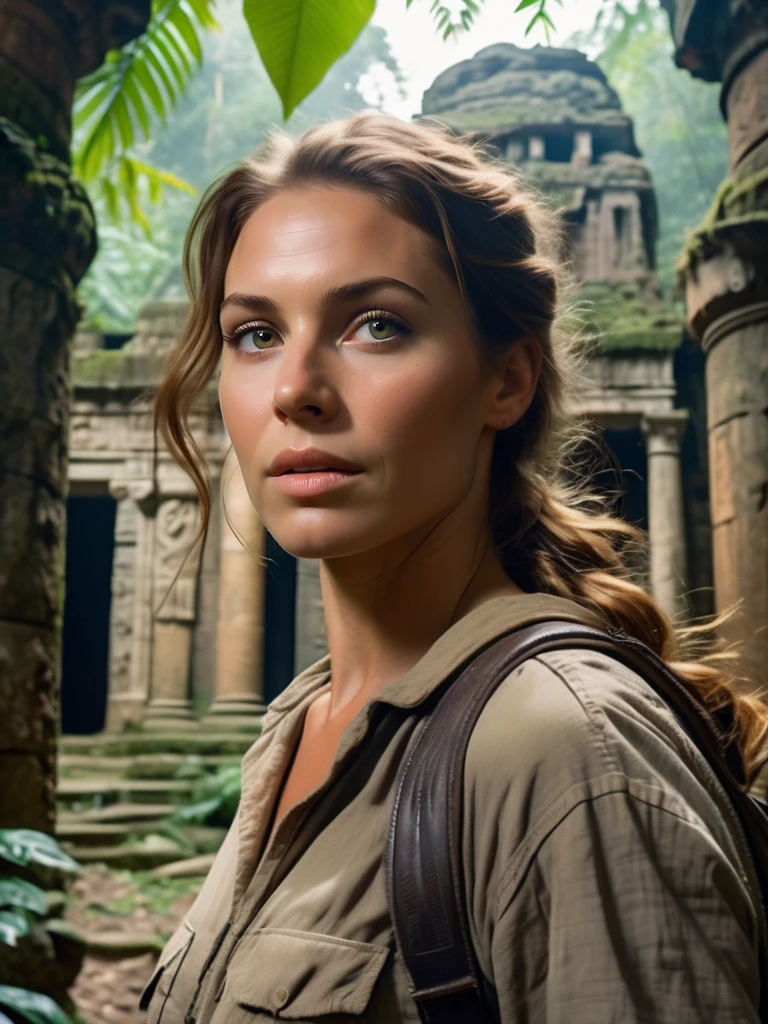 1/2 portrait of a female explorer in an ancient temple on the in the jungle, indiana jones, (beautiful face:1.4),( looking at viewer:1.4), long auburn hair in a ponytail, hazel eyes, vines in the foreground, leaves in the foreground, (stunning features:1.3), ancient ruins, masterful composition, eye contact, RAW
