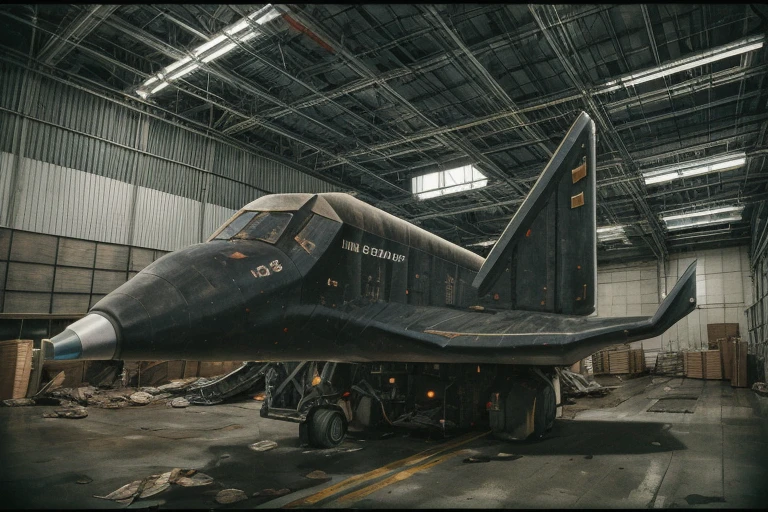 (Dyna-soar:1.2), older space shuttle abandoned in storage, warehouse, Nasa, dusty, space shuttle, X-20, Gemini program, abandoned, at night, wooden crates, 1992, BREAK, detailed background, high detail, film photography, RAW photo, analog style, Polaroid, border, 35mm Zenit/Zeis lens, x-20 <lora:X-20_Dynasoar:1.3>