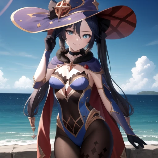 ((masterpiece)),(best quality),official art,extremely detailed CG,unity 8k wallpaper,ultra detailed,A lighthouse on a cliff by the sea,1girl,solo,cowboy shot,looking at viewer,smile,witch_hat,twintails,jewelry,cape,long_hair,black_hair,black_gloves,medium_breasts,black_pantyhose,black_choker,aqua_eyes,bangs,bodystocking,hair_ornament,purple_headwear,detached_sleeves,blue_leotard,star_earrings,<lora:Mona(gen)>,