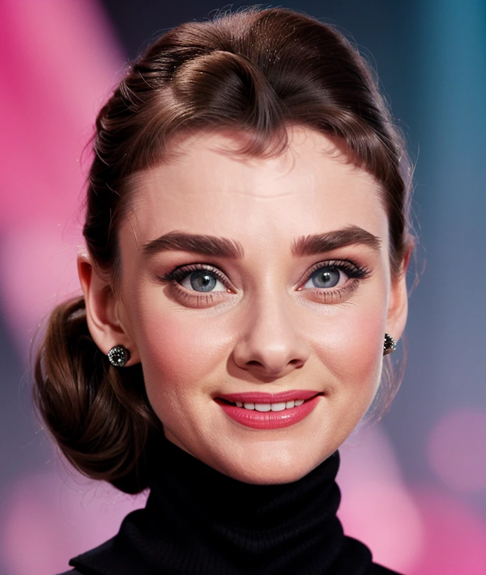 <a8dr1>, Ultra-HD-realistic-details, upper body, Black background, smile, Colorful dress, turtleneck, 60s style, Soft and sweet feature, jewelry