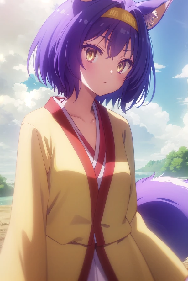 izunahatsuse, <lora:izuna hatsuse s1-lora-nochekaiser:1>,
izuna hatsuse, short hair, animal ears, purple hair, hairband, animal ear fluff, fox ears, slit pupils, (yellow eyes:1.3),
BREAK bow, tail, japanese clothes, wide sleeves, kimono, fox tail, short kimono,
BREAK outdoors, forest, nature, sun, sky, clouds, trees, river, grass,
BREAK looking at viewer, (cowboy shot:1.5),
BREAK <lyco:GoodHands-beta2:1>, (masterpiece:1.2), best quality, high resolution, unity 8k wallpaper, (illustration:0.8), (beautiful detailed eyes:1.6), extremely detailed face, perfect lighting, extremely detailed CG, (perfect hands, perfect anatomy),