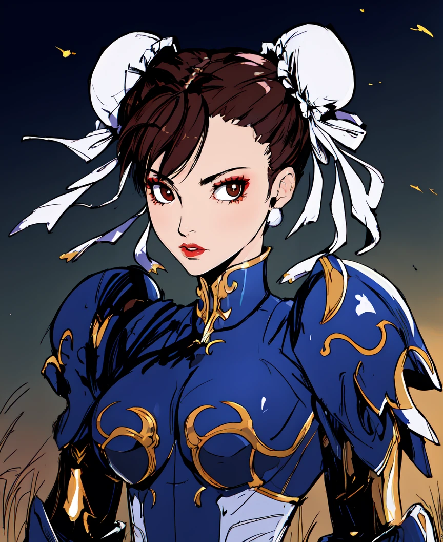 green sky, night, wasteland,
(upper body), solo focus, 1girl, looking at viewer, (serious), lipstick, makeup, [prettyeyes], (knight armor, plate armor, metal armor), <lora:dh-BrinkOfMemories:1> <lora:Classic_Chunners-DEF:0.7> chunli, double bun, brown hair,